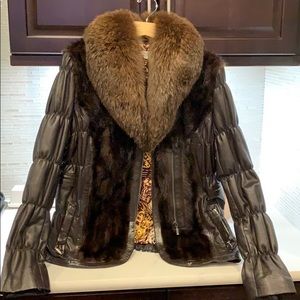 Women’s Brown Leather Coat with Mink collar